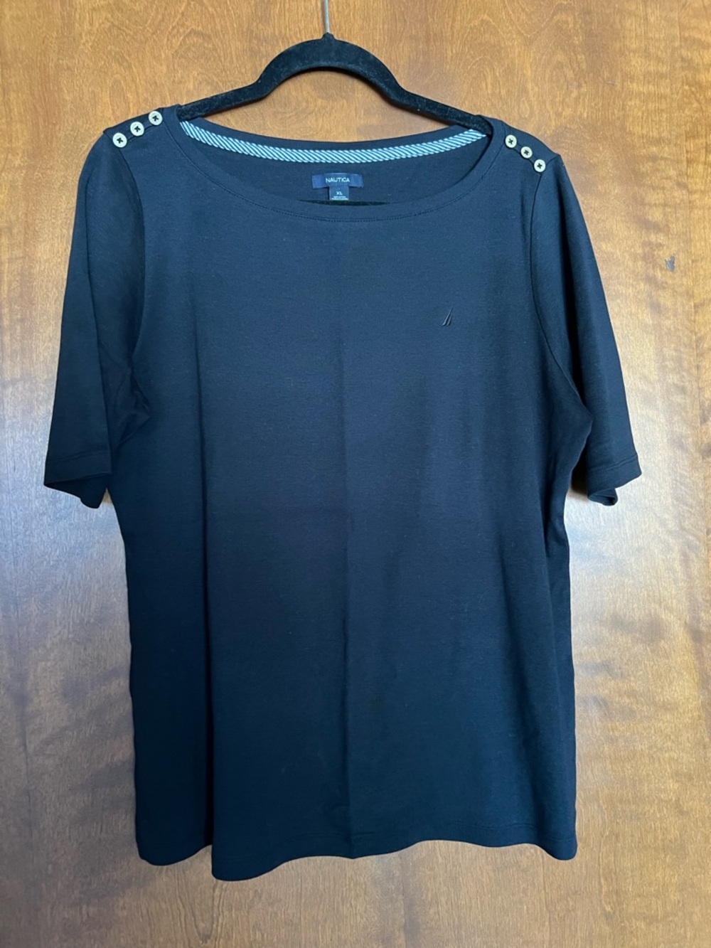 Nautica Black Short Sleeve Button-Shoulder Tee